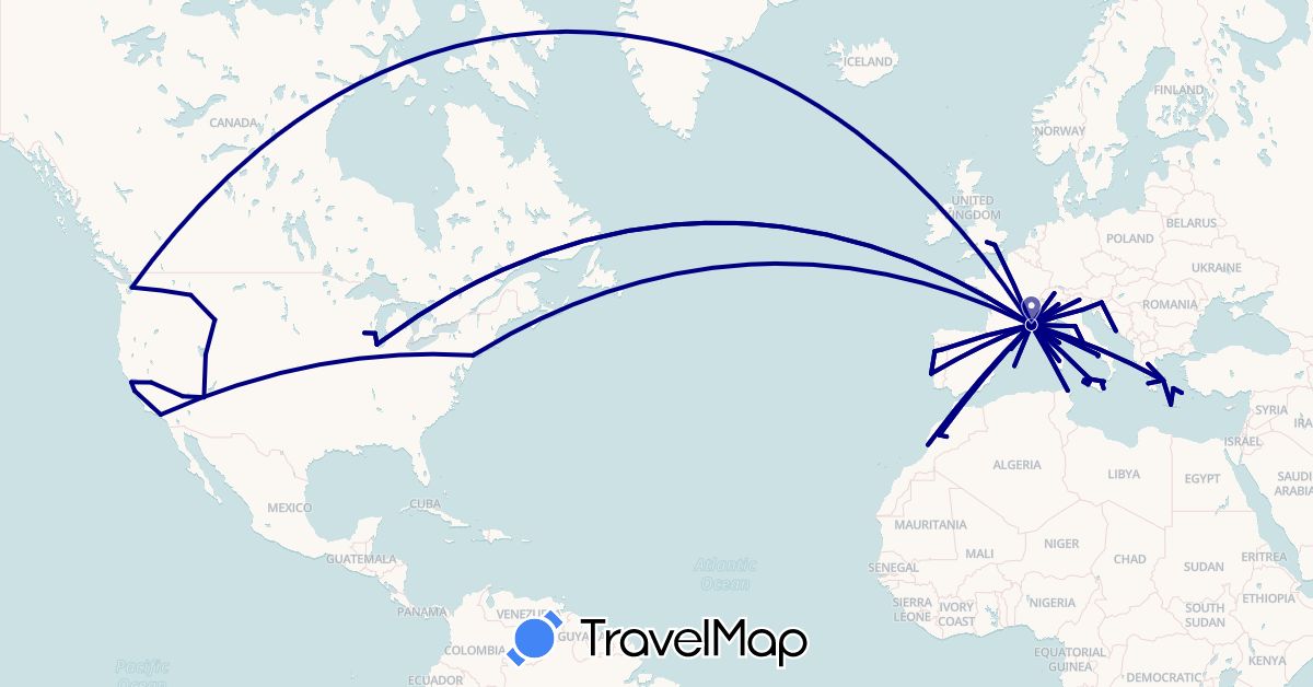 TravelMap itinerary: driving in Switzerland, Spain, France, United Kingdom, Greece, Croatia, Italy, Morocco, Portugal, Slovenia, Tunisia, United States (Africa, Europe, North America)